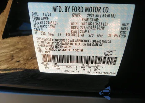 2025 Lincoln Aviator Reserve z USA, uszkodzony, nr VIN 5LM5J7XC6SGL10216